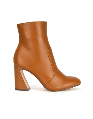 Davina Mid High Flared Sculptured Heel Zip-Up Ankle Boots in Tan Synthetic Leather