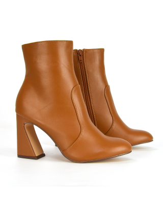 Davina Mid High Flared Sculptured Heel Zip-Up Ankle Boots in Tan Synthetic Leather