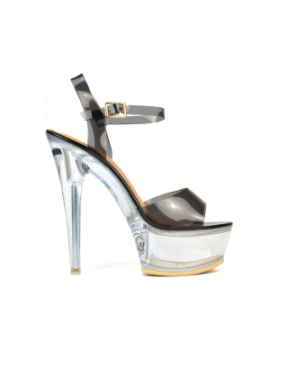 Mollie Perspex Ankle Strappy Stiletto Platform High Heels in Black Patent