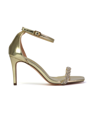 Peyton Diamante Strappy Party Square Toe Mid High Heel Stiletto Sandals in Gold