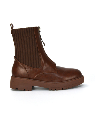 Nala Front Zip Up Chunky Sole Flat Biker Knitted Sock Ankle Boots in Brown Synthetic Leather