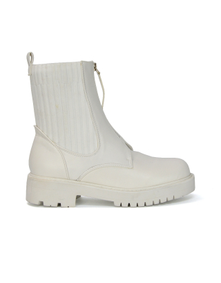 Nala Front Zip Up Chunky Sole Flat Biker Knitted Sock Ankle Boots in White Synthetic Leather