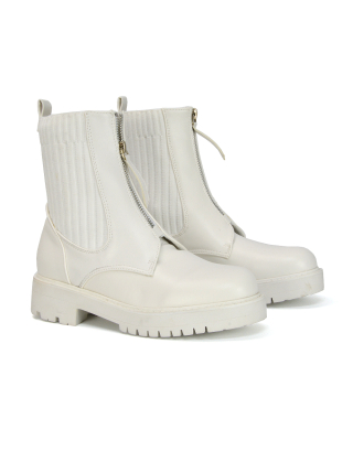 Nala Front Zip Up Chunky Sole Flat Biker Knitted Sock Ankle Boots in White Synthetic Leather
