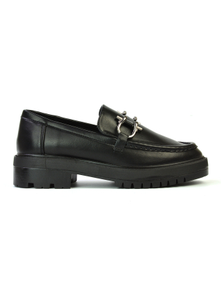 Riley Chunky Block Heel Loafers With Silver Buckle in Black Synthetic Leather