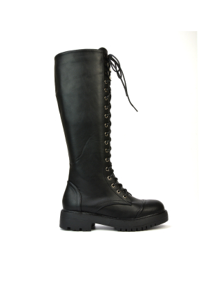 Peri Lace Up Combat Knee High Biker Boots With Inside Zip in Black Synthetic Leather