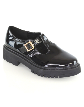 CLARABELLA BUCKLE T-STRAP DETAIL FLAT CHUNKY SOLE BROGUES IN BLACK PATENT