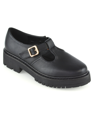CLARABELLA BUCKLE T-STRAP DETAIL FLAT CHUNKY SOLE BROGUES IN BLACK SYNTHETIC LEATHER