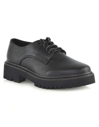 Emilia Lace up Flats Chunky Sole Low Platform Block Heel Brogues in Black Synthetic Leather