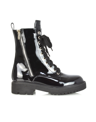 Bianca Flat Combat Lace up Chunky Military Biker Ankle Boots in Black Patent