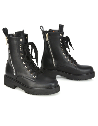 Bianca Flat Combat Lace up Chunky Military Biker Ankle Boots in Black Synthetic Leather