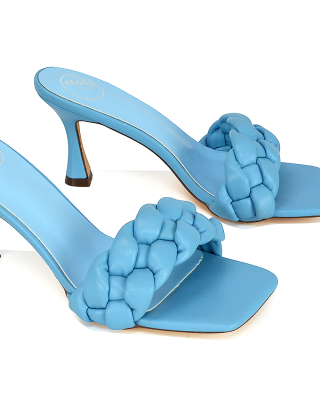 Lilah Woven Strap Square Toe Stiletto mid High Heel Mule Slip on Sandals in Blue