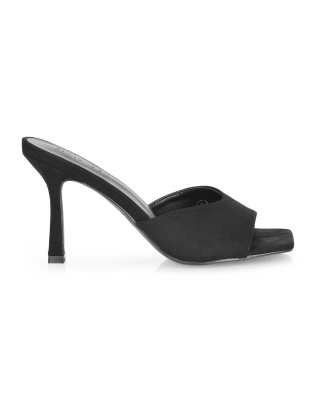 Sia Stiletto High Heeled Slip on Square Toe Mule Sandals in Black Faux Suede