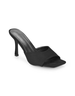 Sia Stiletto High Heeled Slip on Square Toe Mule Sandals in Black Faux Suede