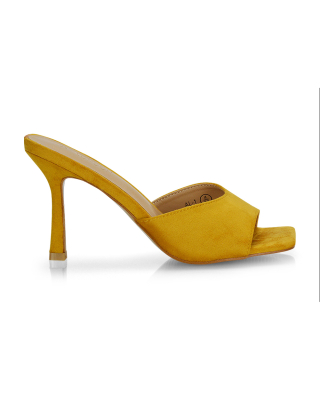 Sia Stiletto High Heeled Slip on Square Toe Mule Sandals in Mustard Faux Suede