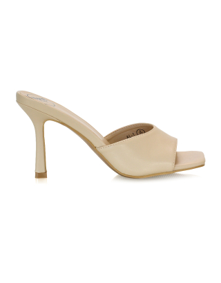 Libby Heeled Slip On Square Toe Mule Stiletto High Heels in Nude
