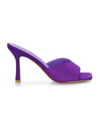 Sia Stiletto High Heeled Slip on Square Toe Mule Sandals in Purple Faux Suede