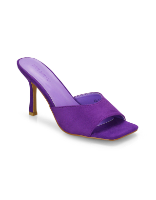 Sia Stiletto High Heeled Slip on Square Toe Mule Sandals in Purple Faux Suede