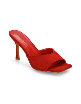 Sia Stiletto High Heeled Slip on Square Toe Mule Sandals in Red Faux Suede