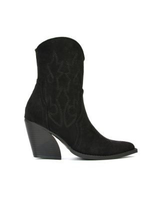 Felicia Zip Up Mid Block Heel Pointed Toe Ankle Cowboy Boots in Black