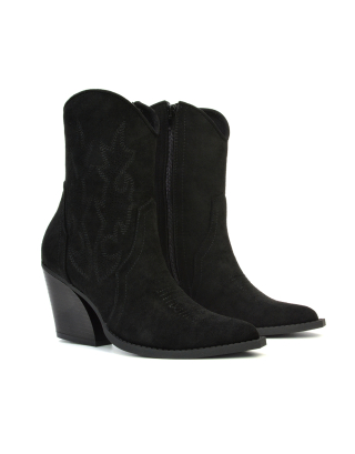 Felicia Zip Up Mid Block Heel Pointed Toe Ankle Cowboy Boots in Black