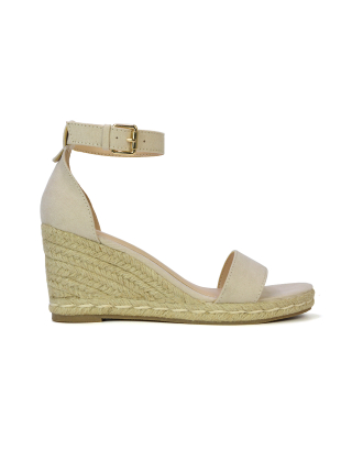 Amber Espadrille Mid Wedge Heel Sandals With Ankle Strap in Nude 