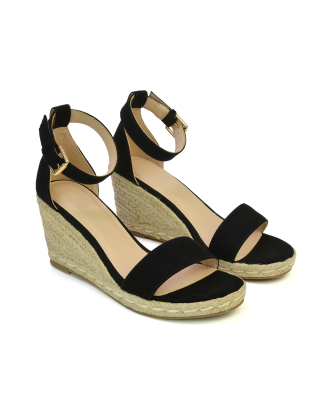 Amber Espadrille Mid Wedge Heel Sandals With Ankle Strap in Black