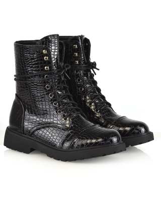 River Lace Up Military Combat Zip-up Flat Ankle Biker Boots In Black Croc