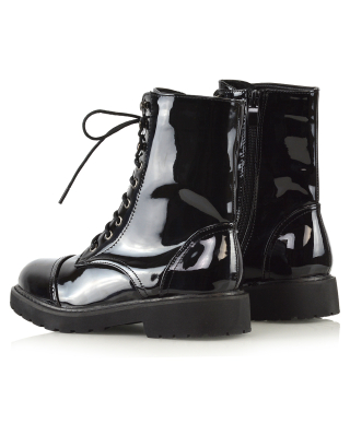 River Lace Up Military Combat Zip-up Flat Ankle Biker Boots In Black Patent