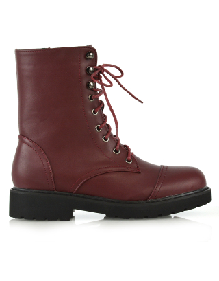 River Lace Up Military Combat Zip-up Flat Ankle Biker Boots In Burgandy Synthetic Leather