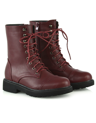 River Lace Up Military Combat Zip-up Flat Ankle Biker Boots In Burgandy Synthetic Leather