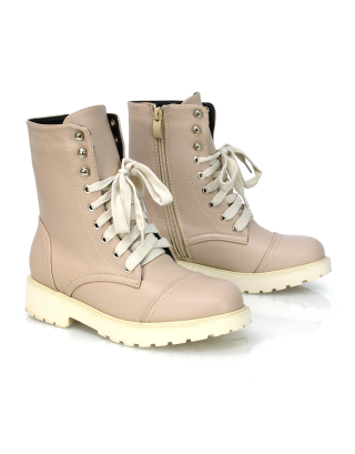 River Lace Up Military Combat Zip-up Flat Ankle Biker Boots In Nude Synthetic Leather