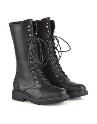 Mulan Knee High Chunky Mid-Calf Military Lace up Combat Boots in Black Synthetic Leather