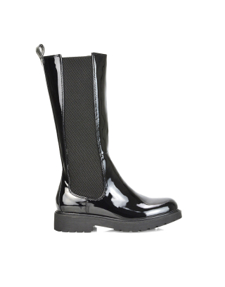 Suzie Flat Low Block Heel Slip on below the Knee Biker Boots in Black Patent