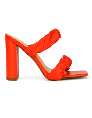 Milena Ruched Double Strap Block High Heel Sandals in Orange Synthetic Leather