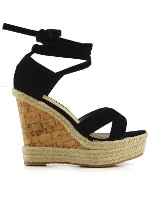 DARCY WOVEN DETAIL STRAPPY LACE UP WEDGE CORK HEEL SUMMER SANDALS IN BLACK