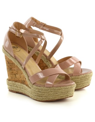 CHANCE WOVEN DETAIL STRAPPY WEDGE HEEL PLATFORM SANDALS IN NUDE PATENT