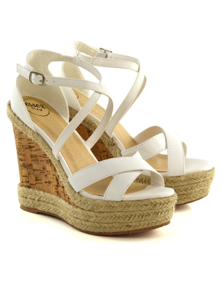 CHANCE WOVEN DETAIL STRAPPY WEDGE HEEL PLATFORM SANDALS IN WHITE SYNTHETIC LEATHER                                  