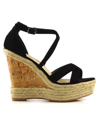 CHANCE WOVEN DETAIL STRAPPY WEDGE HEEL PLATFORM SANDALS IN BLACK FAUX SUEDE