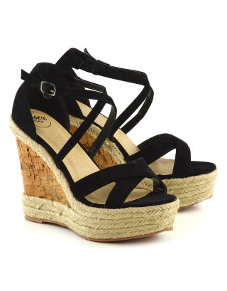 CHANCE WOVEN DETAIL STRAPPY WEDGE HEEL PLATFORM SANDALS IN BLACK FAUX SUEDE