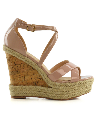CHANCE WOVEN DETAIL STRAPPY WEDGE HEEL PLATFORM SANDALS IN NUDE PATENT