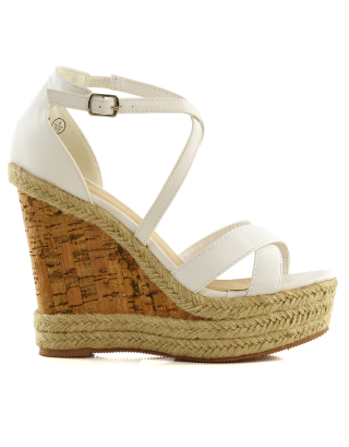 CHANCE WOVEN DETAIL STRAPPY WEDGE HEEL PLATFORM SANDALS IN WHITE SYNTHETIC LEATHER                                  