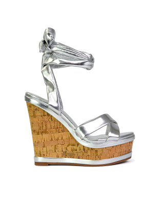 Kammie Lace Up Strappy Cork Wedge Heel Sandals Platform Shoes in Silver