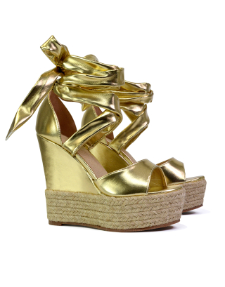 gold lace up wedge heels