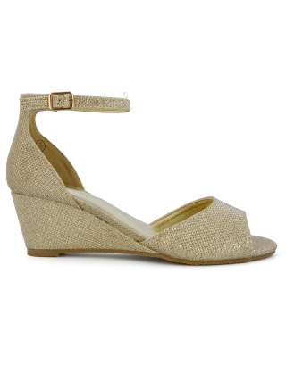LOTTIE Mid Sandal Wedge Heels Bridal Shoes with Buckle Up Ankle Strap in Gold Glitter