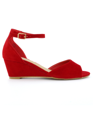 LOTTIE Mid Sandal Wedge Heels Bridal Shoes with Buckle Up Ankle Strap in Red