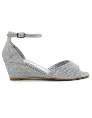 LOTTIE Mid Sandal Wedge Heels Bridal Shoes with Buckle Up Ankle Strap in Silver Glitter