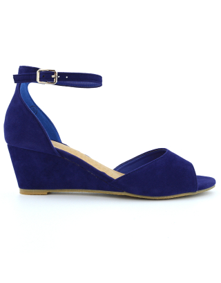 LOTTIE Mid Sandal Wedge Heels Bridal Shoes with Buckle Up Ankle Strap in Navy