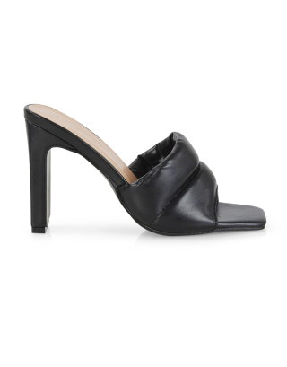 Mallory Square Toe Strappy Slip on Slim Block High Heel Mule Sandals in Black PU