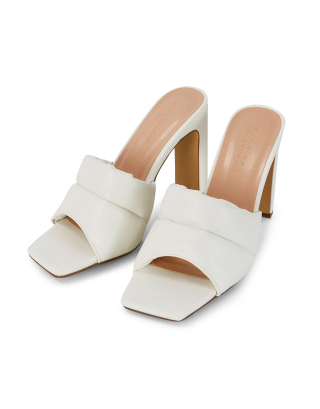 Mallory Square Toe Strappy Slip on Slim Block High Heel Mule Sandals in White