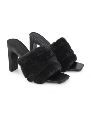 Hunter Fluffy Faux Fur Front Strap Square Toe High Slim Block Heel Mules in Black